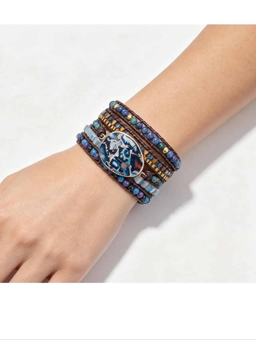 Bohemian Multi-Strand Blue Beaded Wrap Bracelet with Oval Stone
